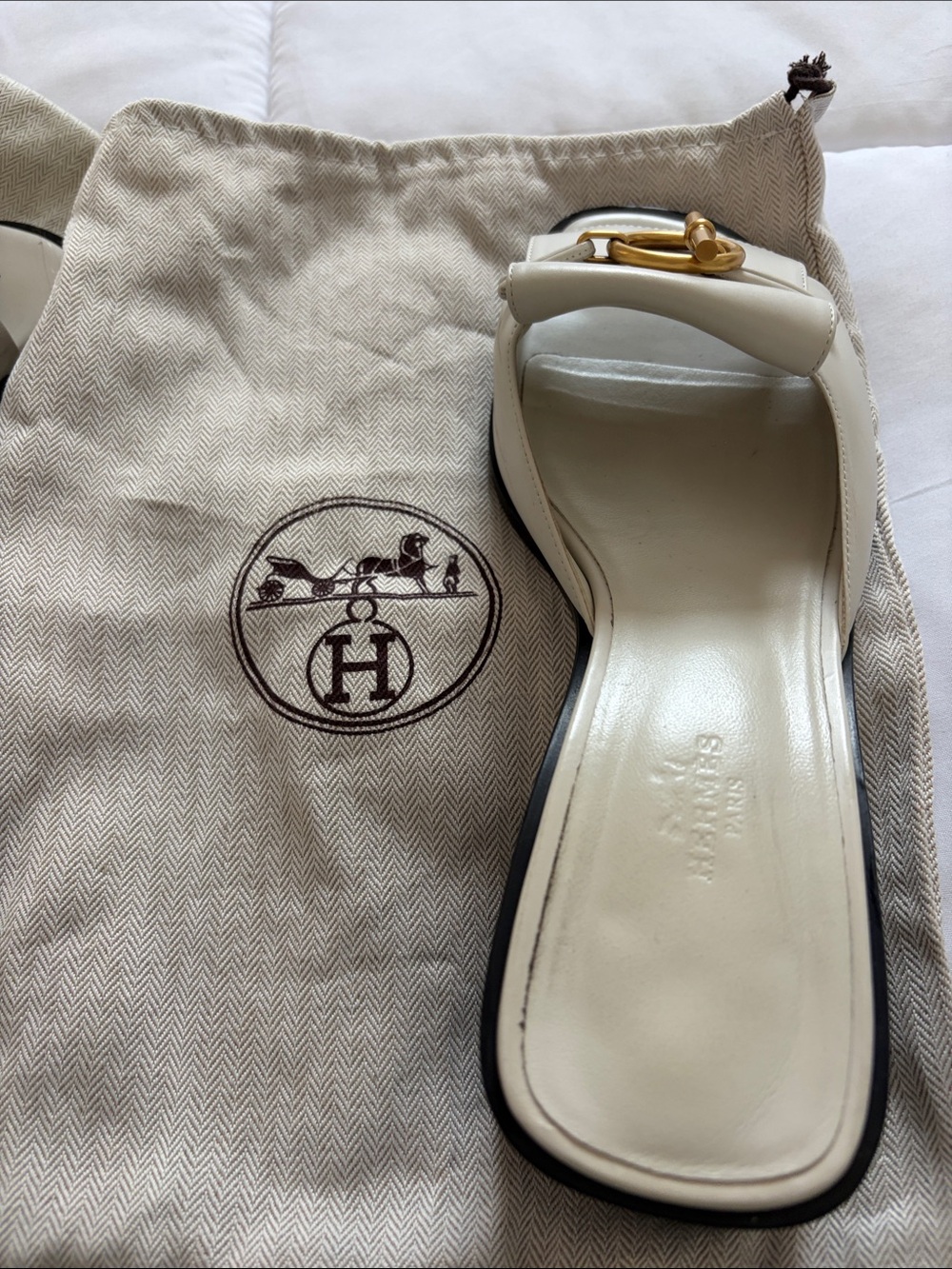Hermes Ivory Leather Slide Mules with Gold Ring Accent - Picture 3 of 8